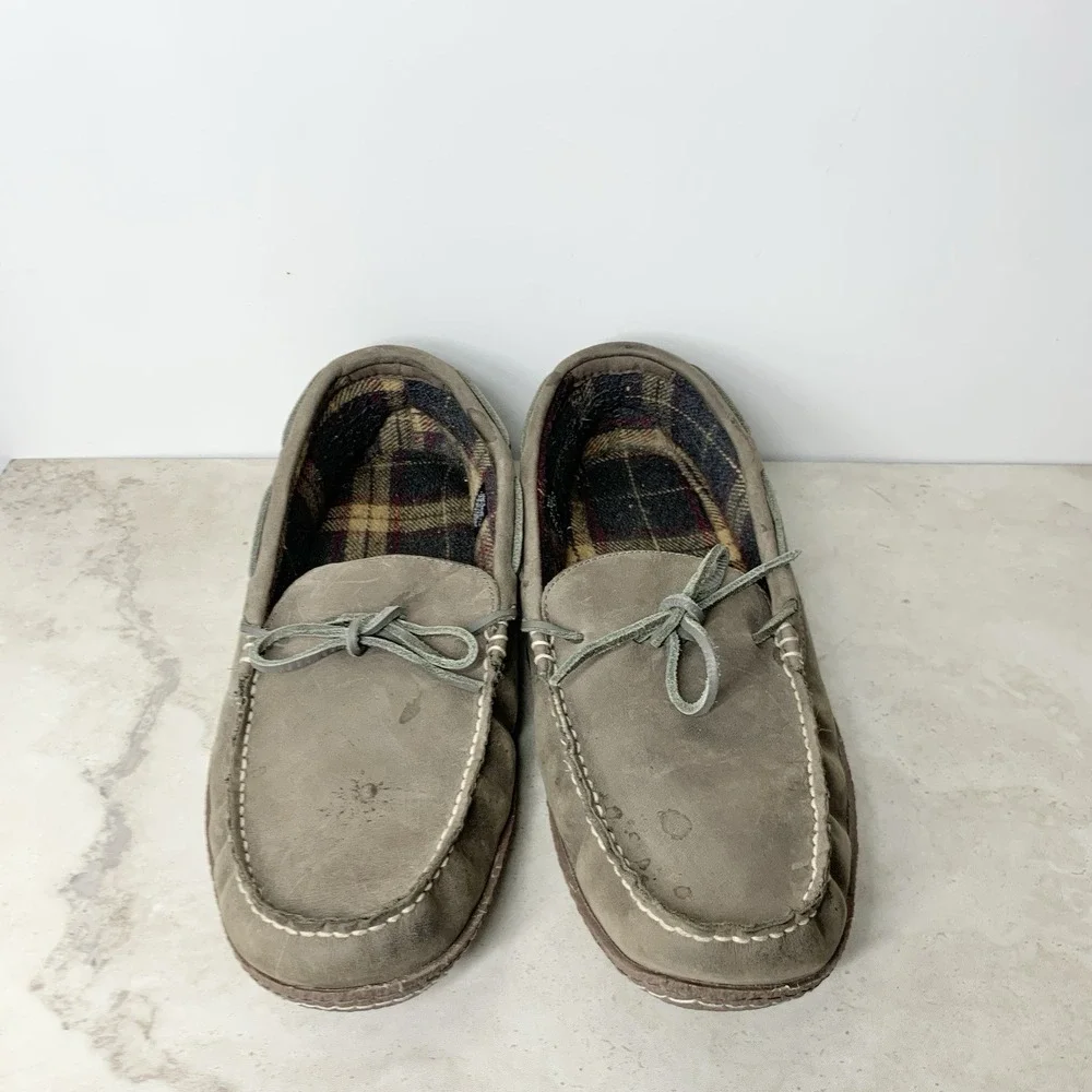 LL Bean Slippers Men Size 13 Shoes Gray Leather Flannel Lined Moccasins Slip On